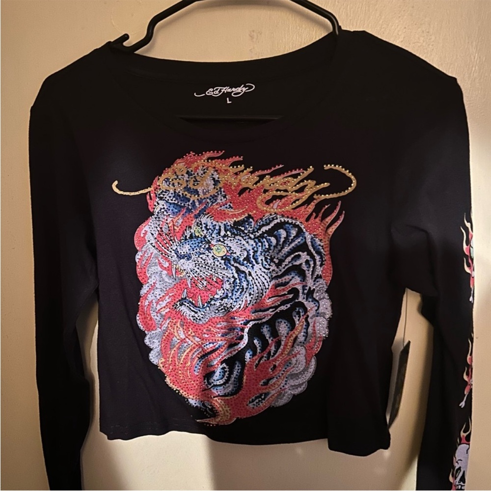 Ed Hardy Black Long Sleeve Tee with Vibrant Tiger Design
